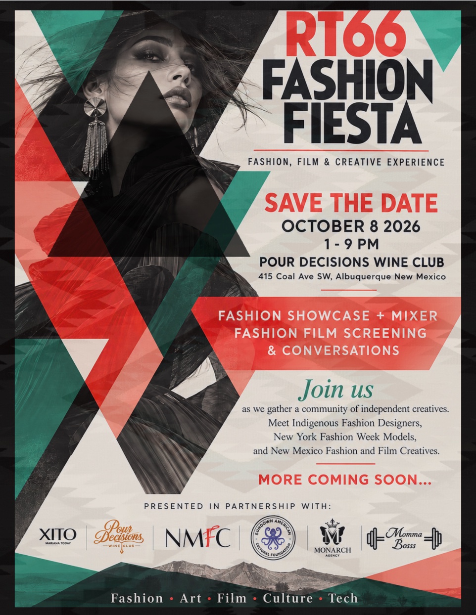 RT66 Fashion Fiesta, a fashion, film and creative experience. Save the date, October 8 2026, 1 to 9 pm, Pour Decisions Wine Club, 415 Coal Ave SW, Albuquerque.
