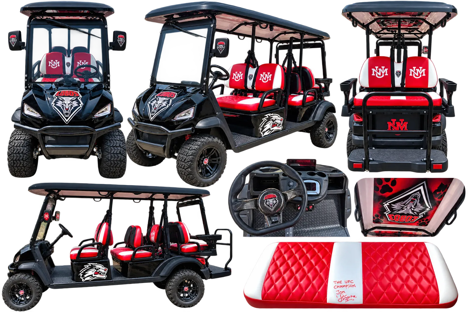 The cart from the front, side, rear, and close on the wheel, canopy and signed seat